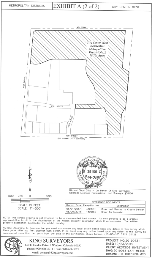 Map of City Center West Residential Metropolitan District No. 2, showing 78.701 acres, survey details, and contact info for King Surveyors.