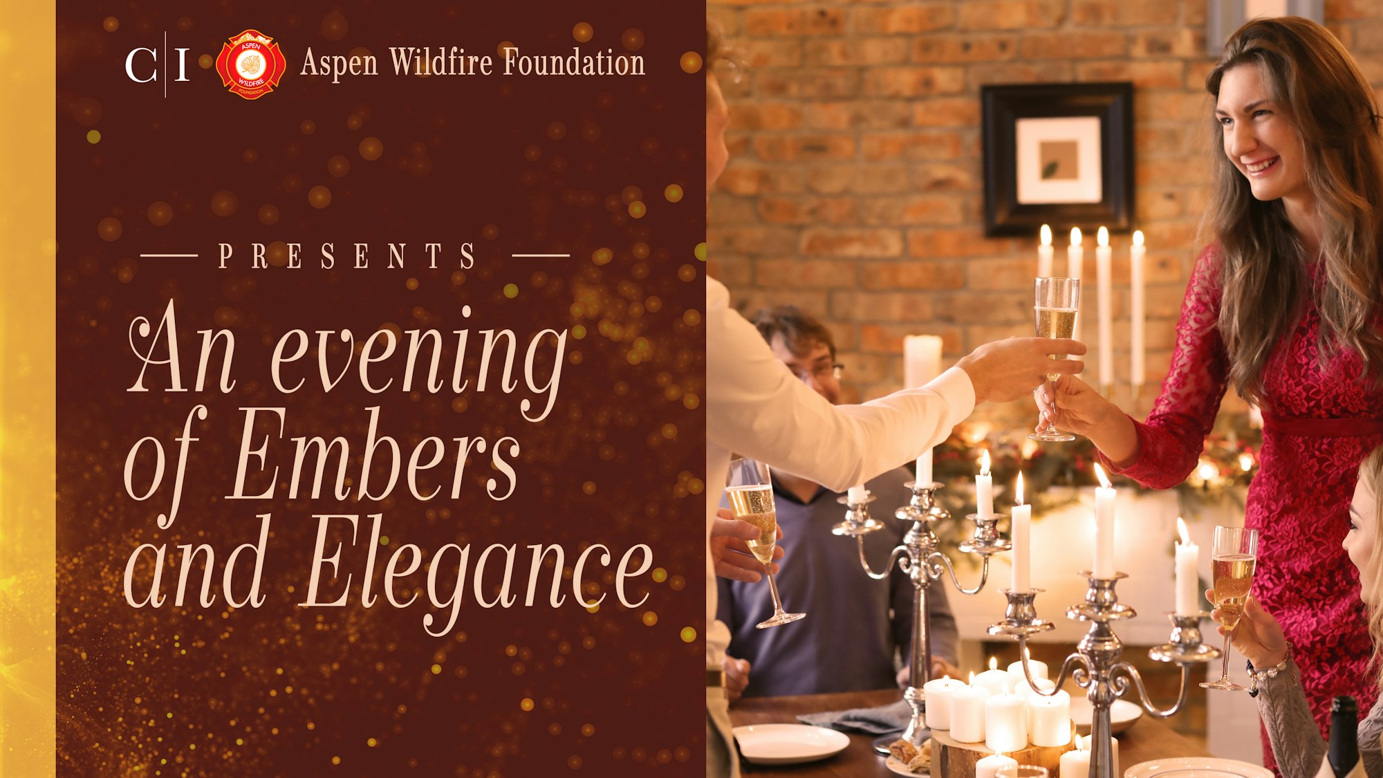 Elegant event advertisement with a woman toasting, surrounded by candles and festive decor.