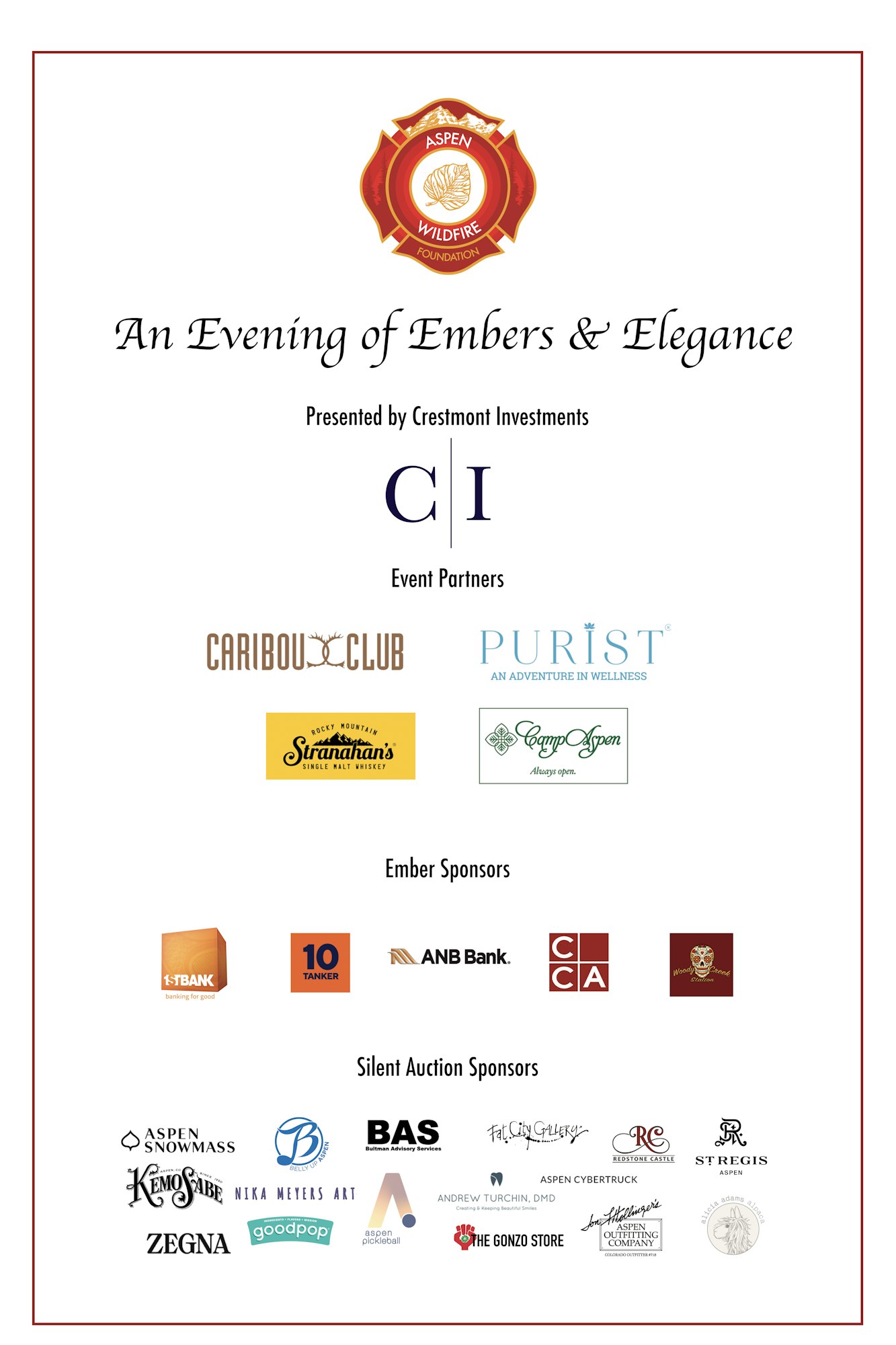 Sponsorship list for event "An Evening of Embers and Elegance" hosted by Aspen Wildfire Foundation and Crestmont Investments