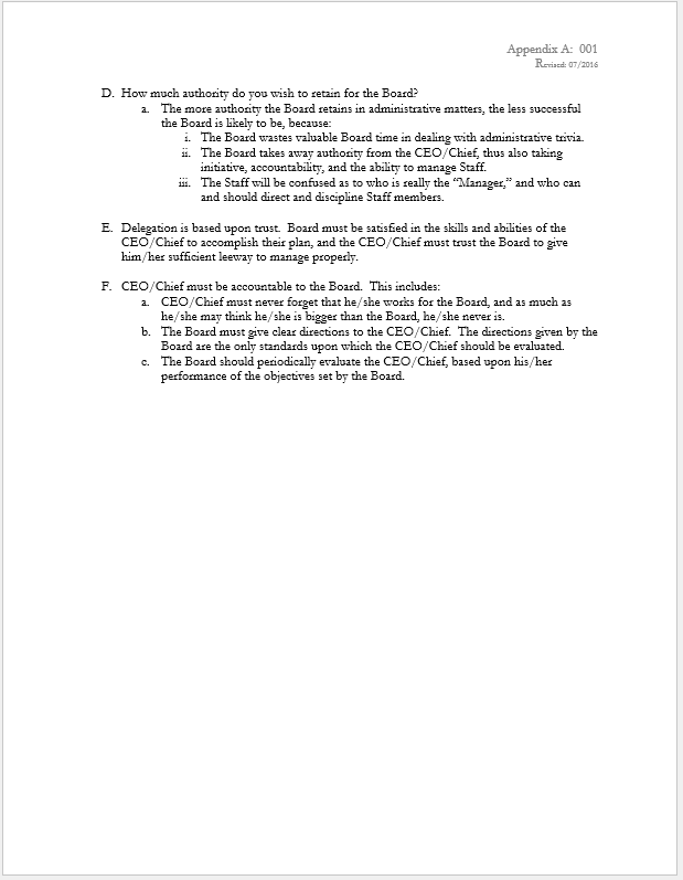 Text about board authority, delegation, and CEO accountability. Emphasizes trust, clear direction, and evaluation by performance.