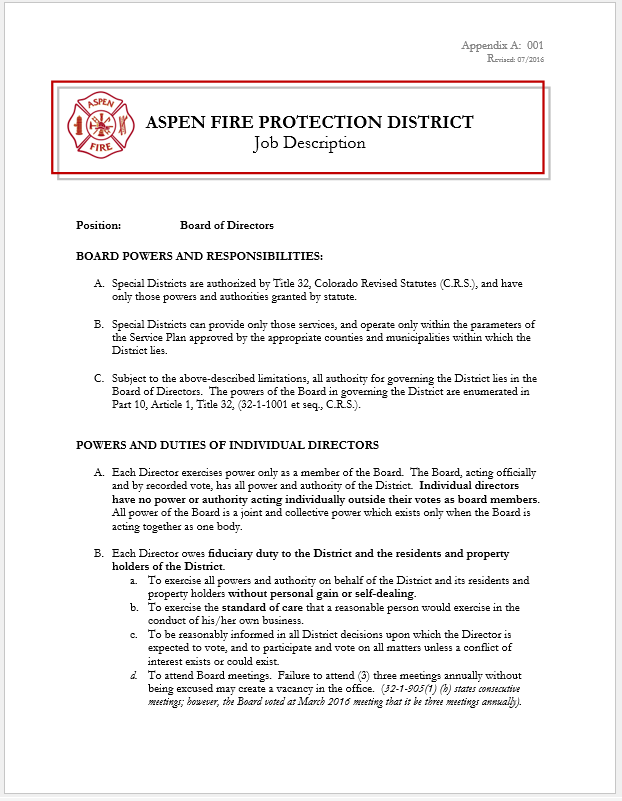 Aspen Fire Protection District job description for Board of Directors, detailing powers and responsibilities under Colorado law.