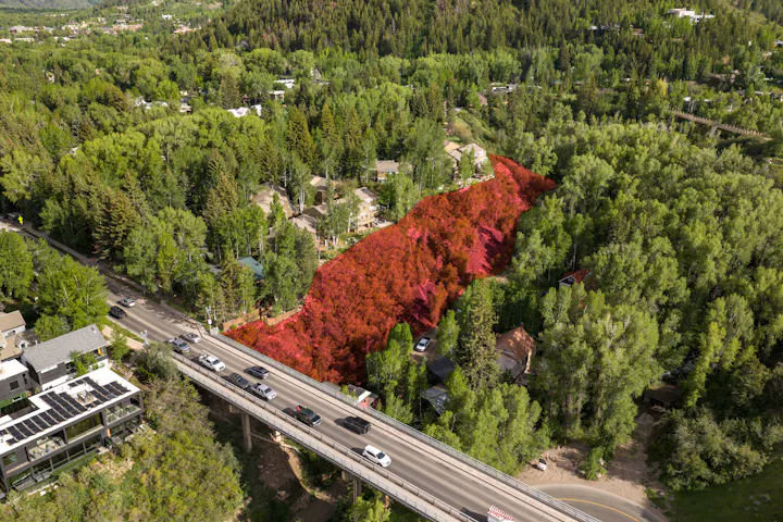 Highway that crosses a bridge, with cars on it. Surrounded by green foliage and a ravine that is highlighted in red.
