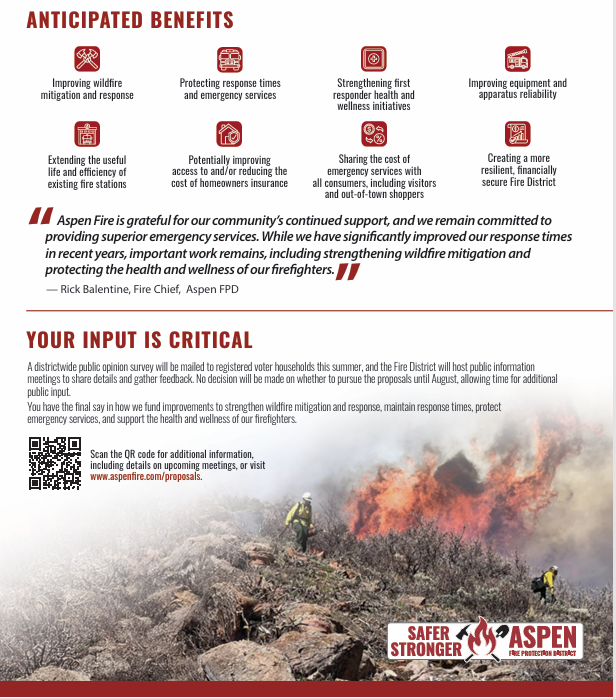 Flyer detailing benefits of wildfire mitigation, emergency services, equipment, insurance, and public input by Aspen Fire Protection District.