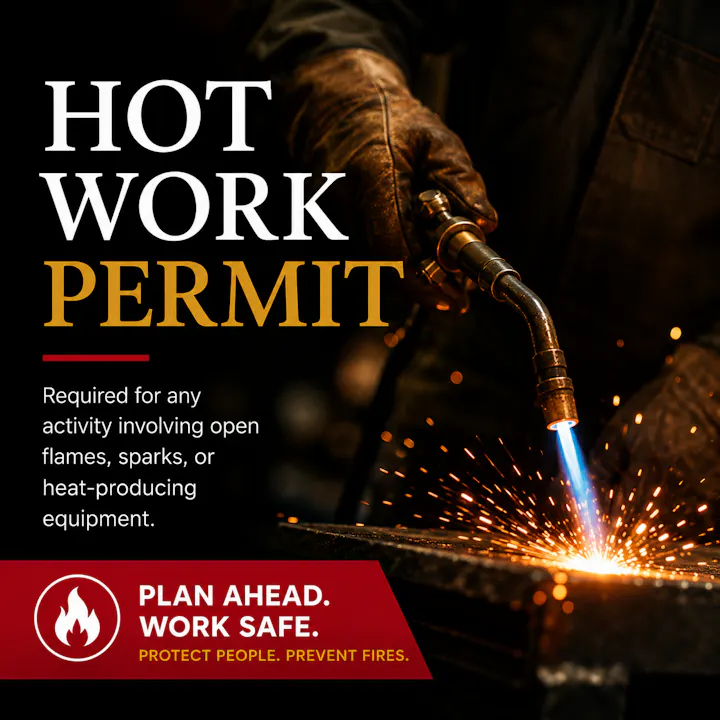 Image of a "Hot Work Permit," required for tasks with open flames, sparks, or heat, emphasizing safety and fire prevention.