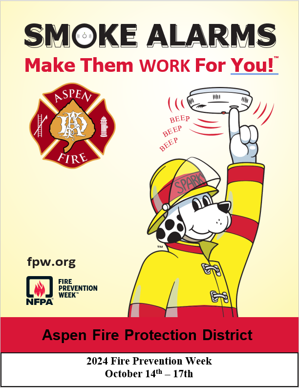 A poster featuring a cartoon Dalmatian in firefighter gear testing a smoke alarm, promoting Fire Prevention Week.