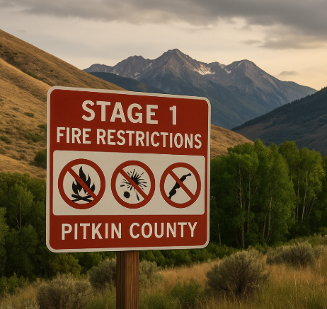 Sign: "Stage 1 Fire Restrictions, Pitkin County" with icons restricting campfires, fireworks, and smoking; mountains in background.