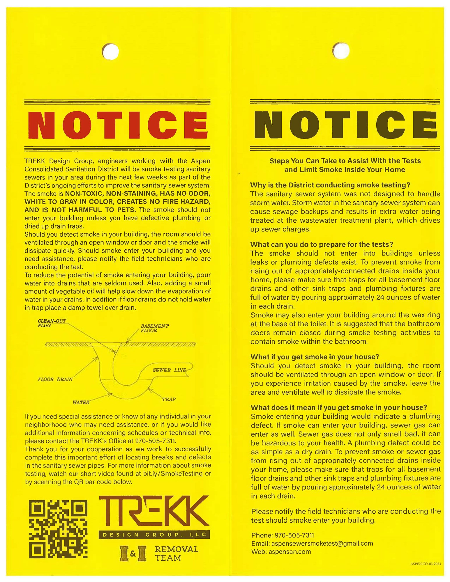 Two notices about smoke testing in sanitary sewer systems, explaining procedures, potential impact, and safety tips.