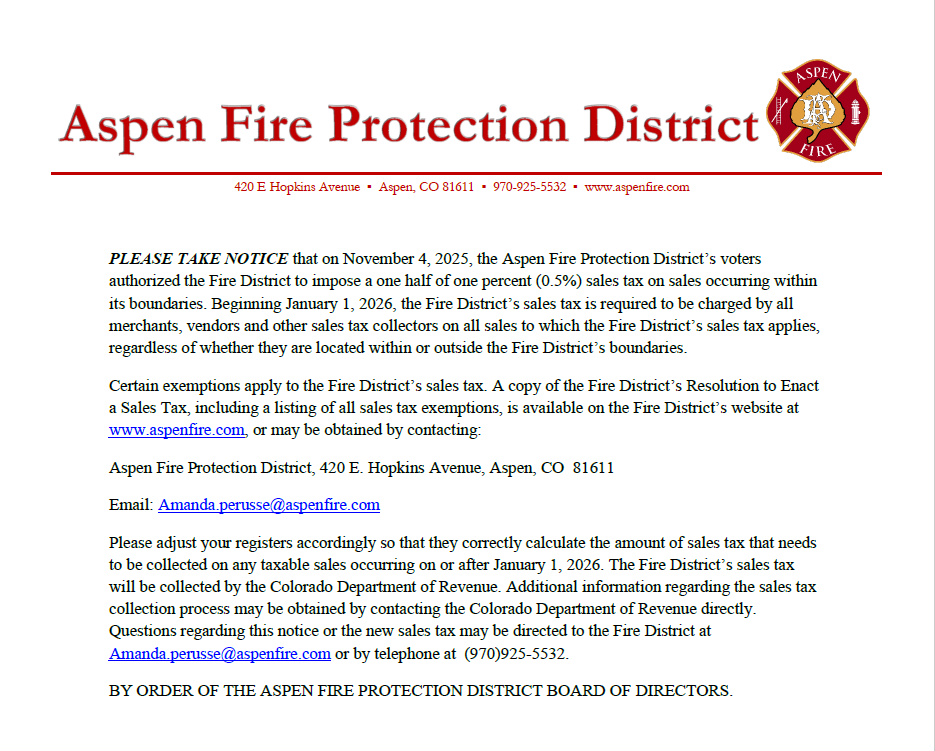 Notice about a 0.5% sales tax by Aspen Fire Protection District, effective January 1, 2026. Details and exemptions available online.