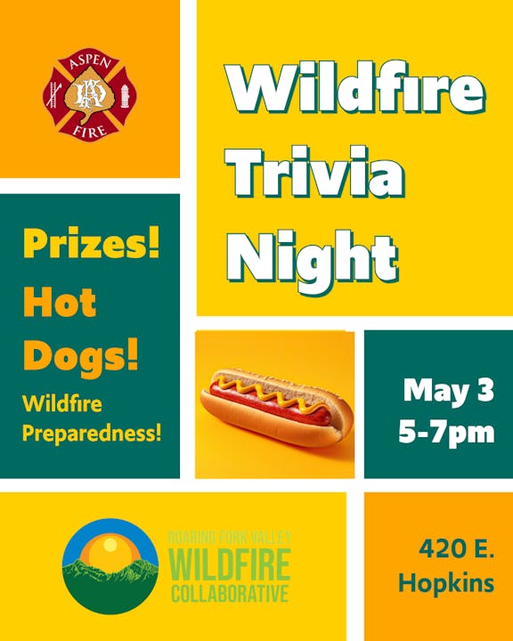 A poster for a Wildfire Trivia Night featuring prizes, hot dogs, and wildfire preparedness information. Event details included.