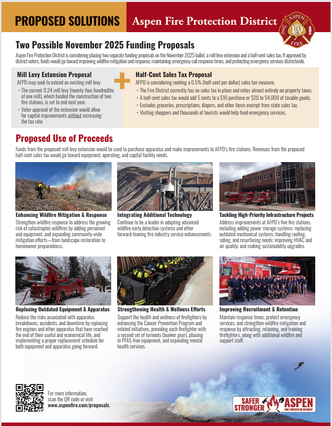 Funding proposals for Aspen Fire Protection District, including a mill levy extension and half-cent sales tax, to enhance wildfire response and more.