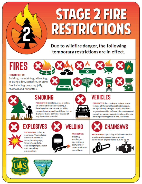 Stage 2 fire restrictions: No fires, smoking, vehicles, explosives, welding, or chainsaws due to wildfire danger.