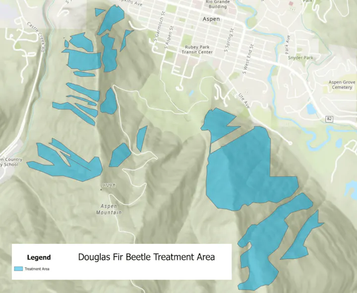 Map highlighting the Douglas Fir Beetle treatment areas near Aspen, showing locations needing management measures.