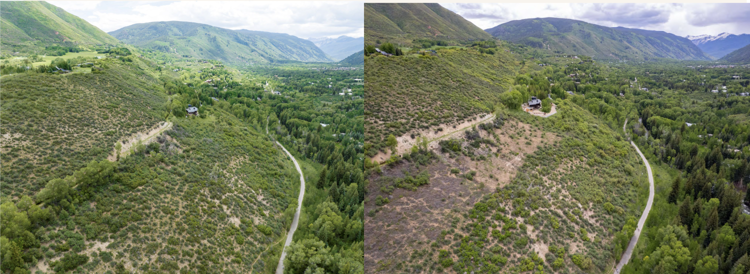 A scenic aerial view of a lush green valley with a house on a hillside, surrounded by mountains and a winding road.