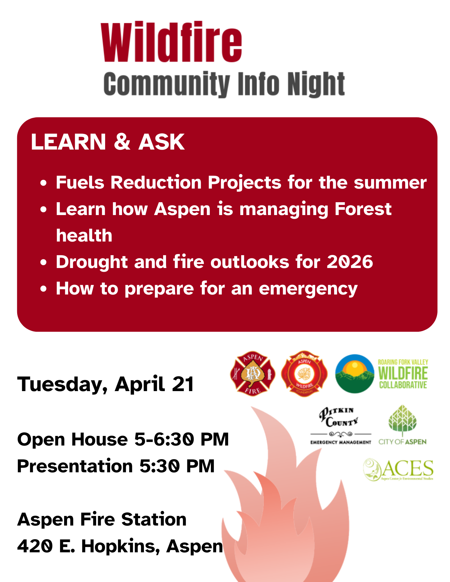 Community info night on wildfires in Aspen, April 21; learn about fuel reduction, forest management, and emergency prep.