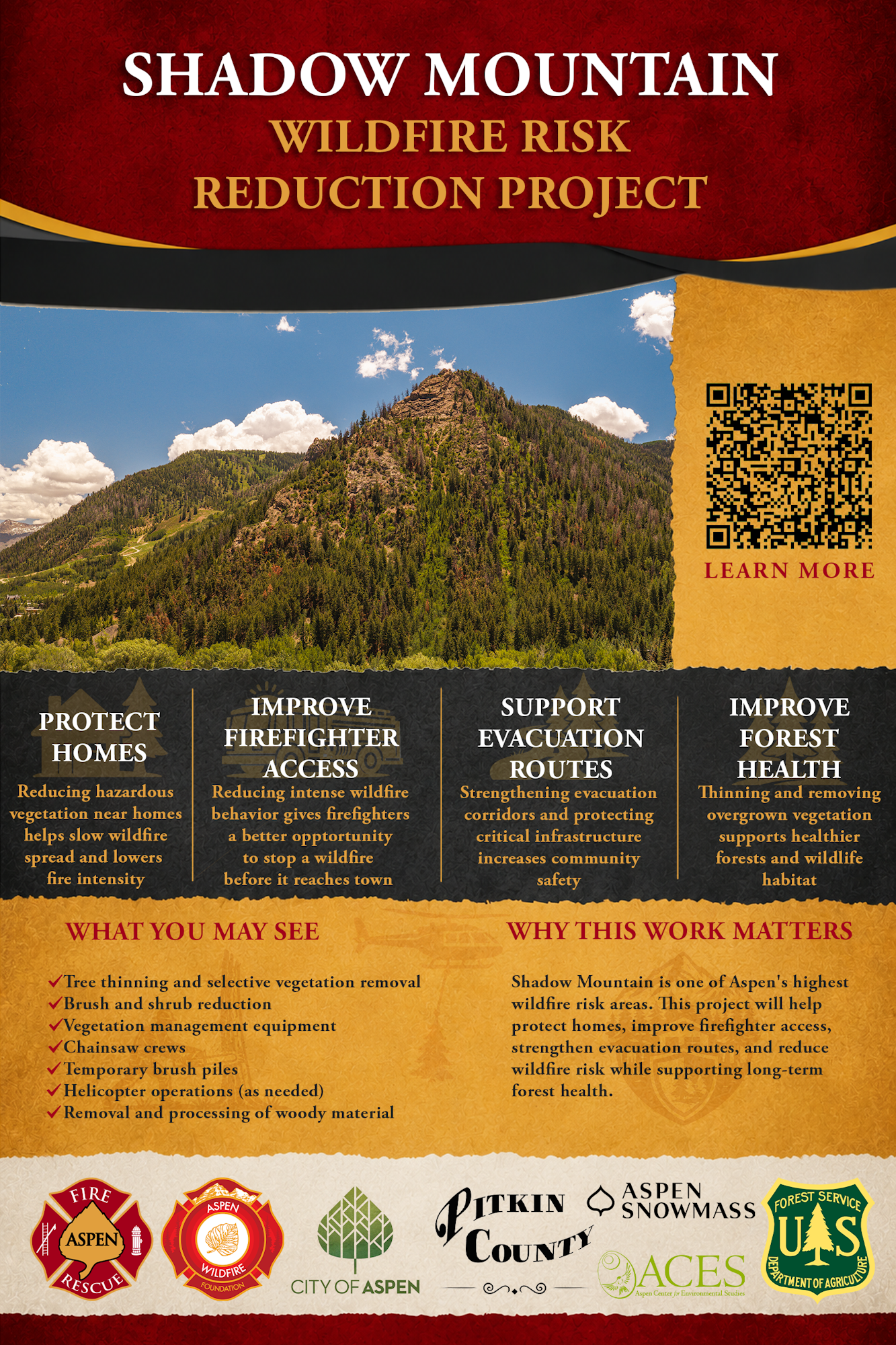 The image promotes the Shadow Mountain Wildfire Risk Reduction Project, focusing on protecting homes, improving access, and forest health.