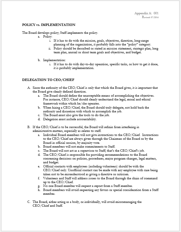 Document on policy vs. implementation, CEO/Chief delegation, and Board roles. Focus on mission, authority, and minimizing interference.