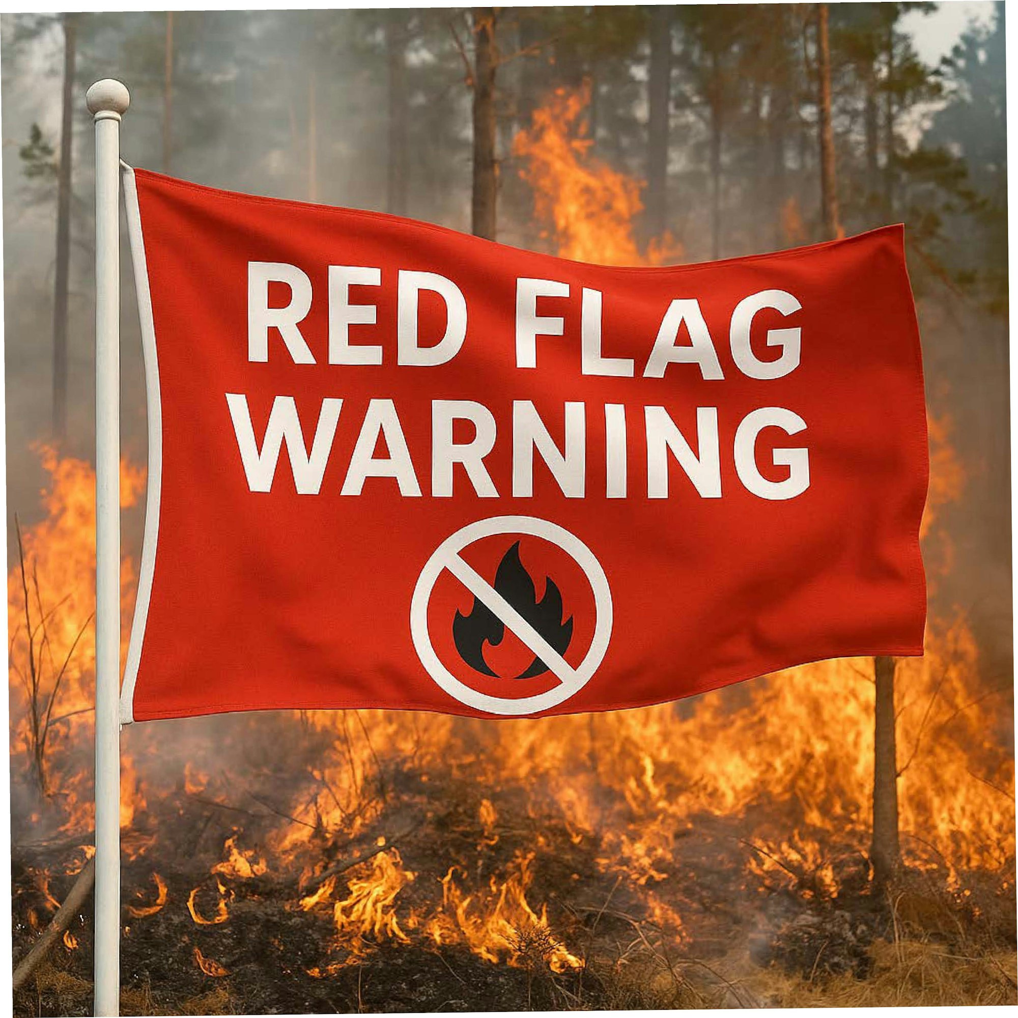 A red flag with "Red Flag Warning" against a forest fire background.