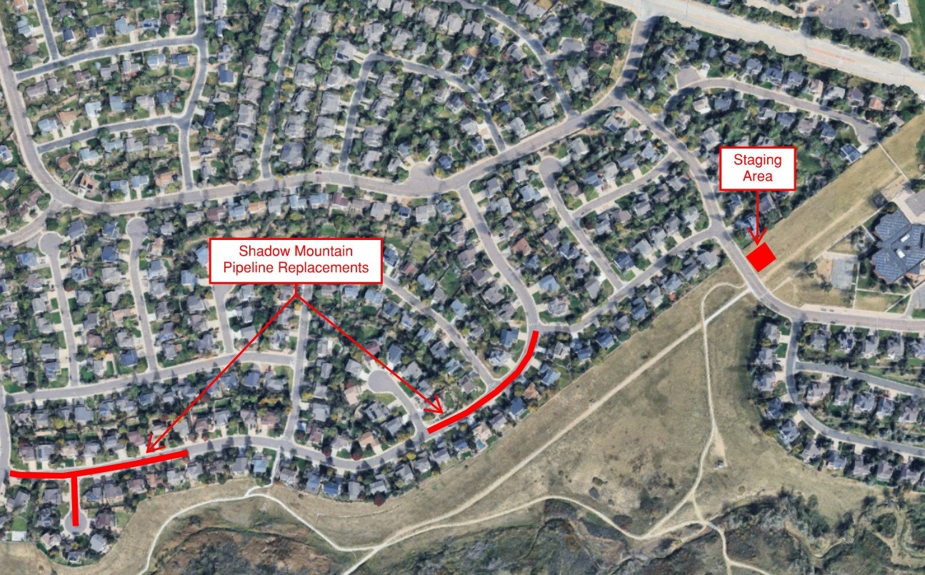 A map showing areas for pipeline replacements in Shadow Mountain, along with a designated staging area.