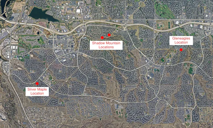 An aerial map with three marked locations: Shadow Mountain, Silver Maple, and Gleneagles.