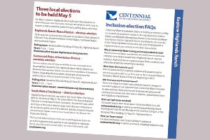Page from a newsletter from 2020 promoting three local elections on May 5 and provides FAQs about inclusion elections for Centennial.