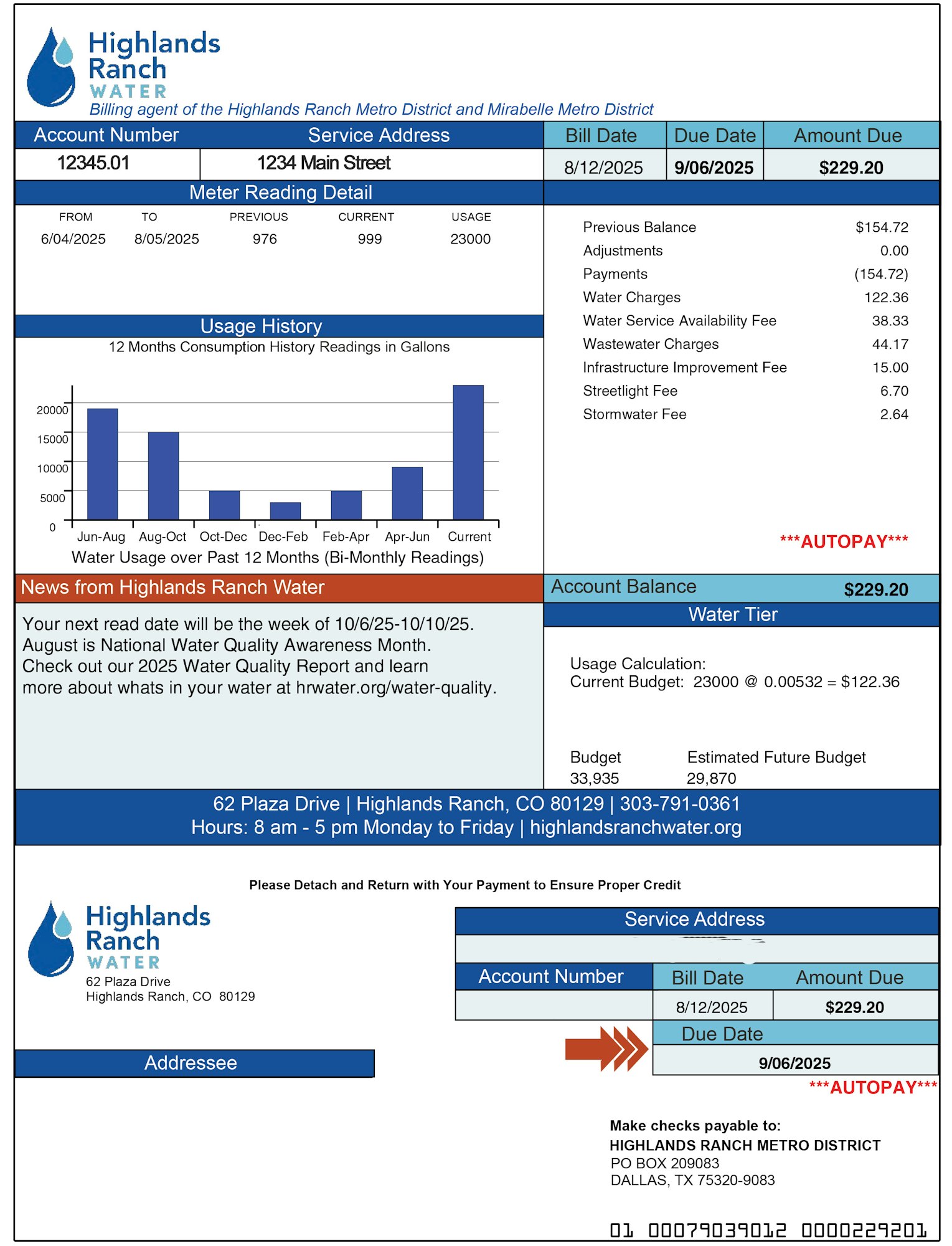 Water bill example for Highlands Ranch Water with usage details, due 9/06/2025, amount $229.20, and autopay option.