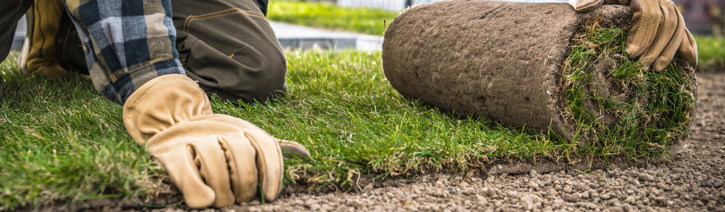 Person rolling up sod on soil, wearing gloves and checkered shirt.