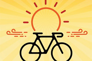 A stylized image of a bicycle in front of a rising sun with rays and wind elements, evoking a sense of adventure and freedom.