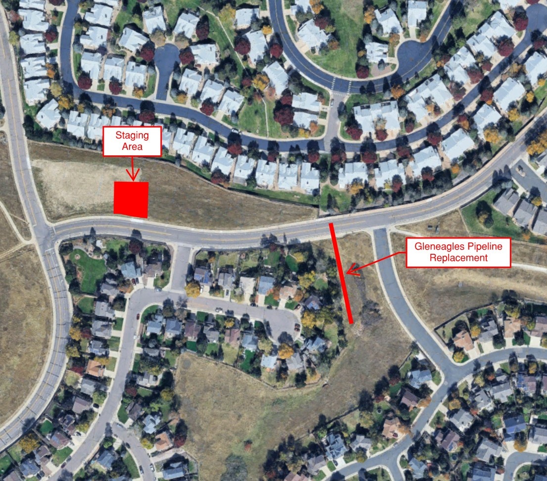An aerial map showing a residential area with marked staging and a pipeline replacement site labeled as Gleneagles.