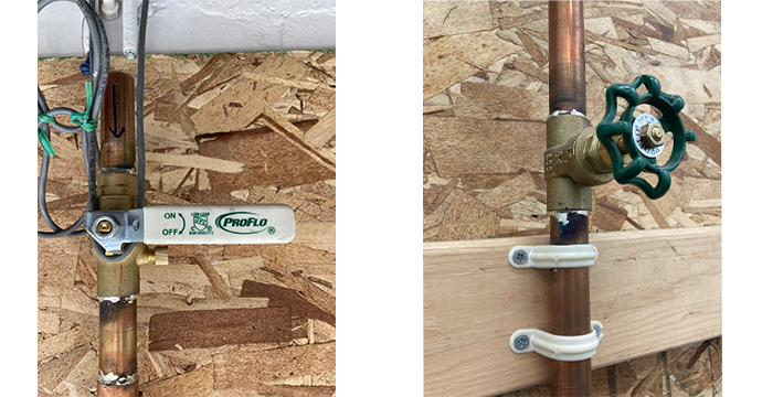 Two views of a ball valve installed on a copper pipe with wooden background.