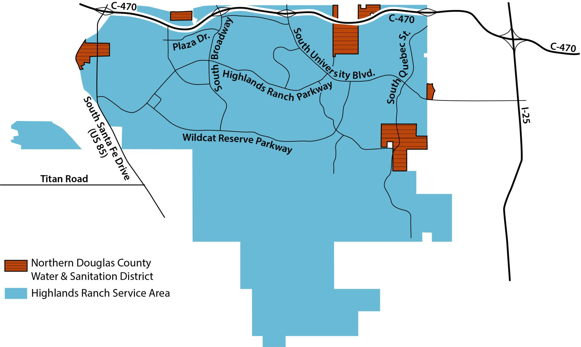 A map showing the service area of Northern Douglas County Water & Sanitation District with major roads.