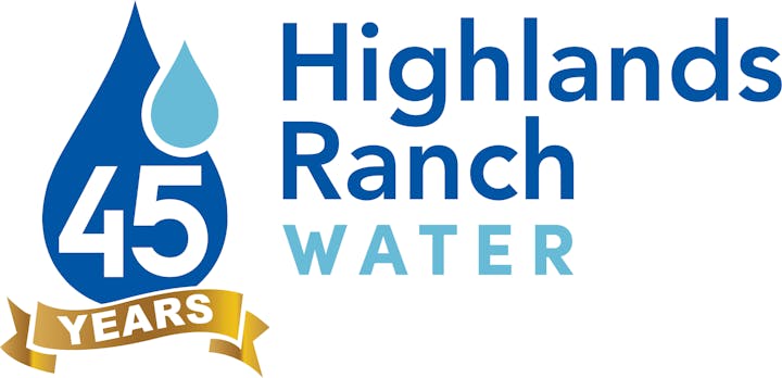 Logo celebrating 45 years of Highlands Ranch Water, featuring a blue water drop and a gold banner stating "YEARS."