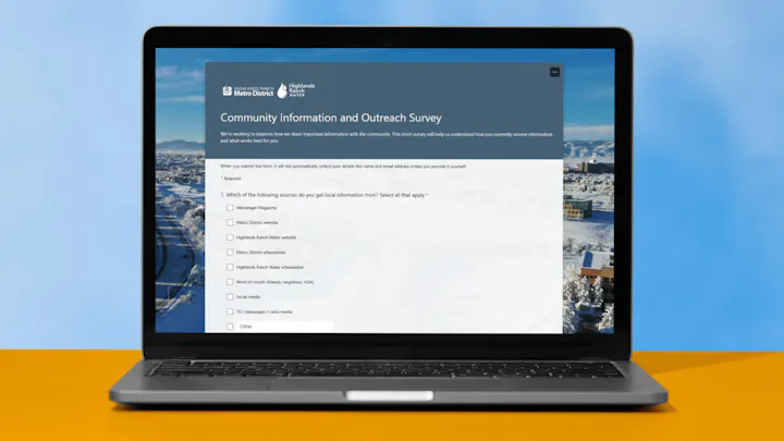 A laptop displaying a "Community Information and Outreach Survey" with various response options.