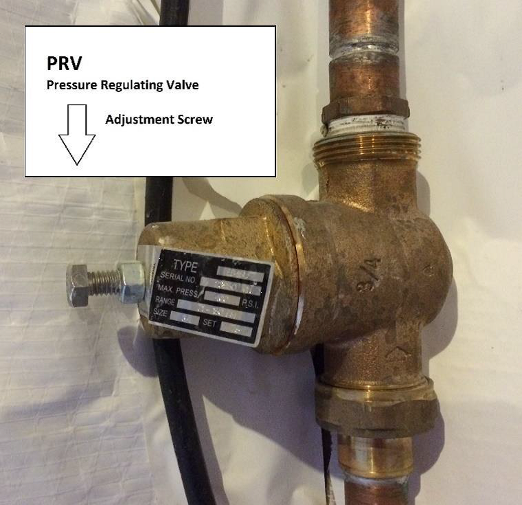 A labeled pressure regulating valve (PRV) with an adjustment screw on a copper pipe.