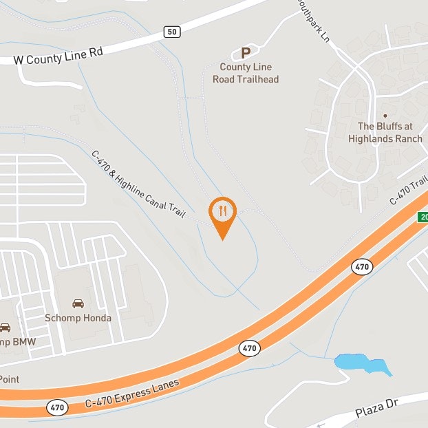 The image shows a map with a highlighted trailhead near County Line Road and the C-470 & Highline Canal Trail.
