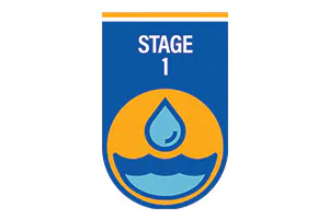 A badge labeled "STAGE 1," with a water droplet symbol above a wave design