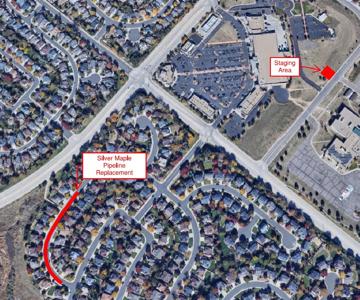 An aerial map highlighting the Silver Maple Pipeline Replacement area and the staging location nearby.