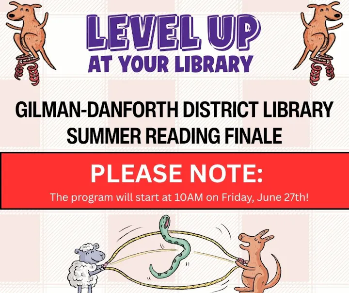 "Level Up at Your Library" event, Gilman-Danforth District, June 27th, 10 AM. Cartoon of animals playing jump rope.