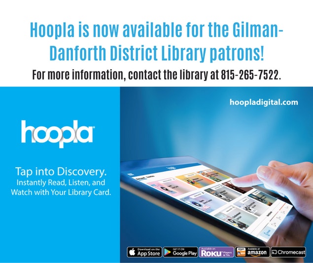 An advertisement for Hoopla, showcasing its availability for library patrons with a tablet displaying the app's interface.