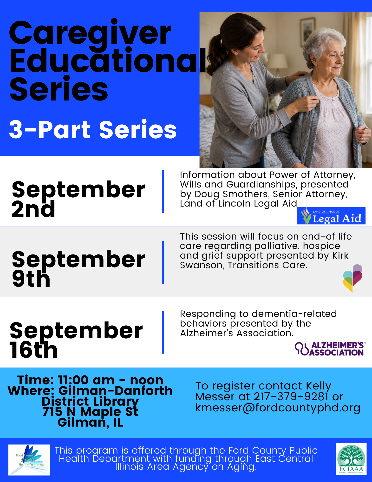 A 3-part Caregiver Educational Series at Gilman-Danforth Library on September 2, 9, and 16. Registration info provided.