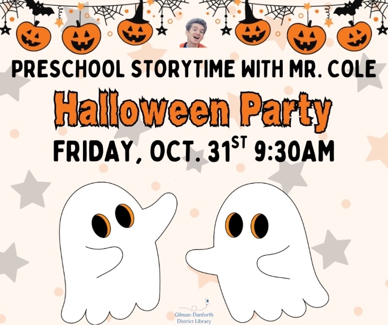 Preschool Halloween party with Mr. Cole on Friday, Oct. 31st at 9:30 AM. Features ghosts, pumpkins, and stars.