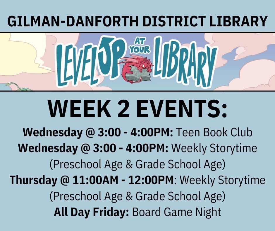 Library events: Teen Book Club & Storytime on Wednesday, Storytime on Thursday, Board Game Night on Friday.