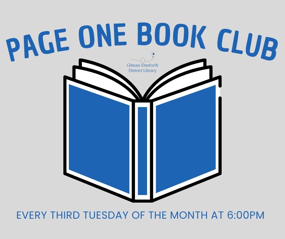 Page One Book Club, meets every third Tuesday at 6:00 PM. Features a blue book and library logo.