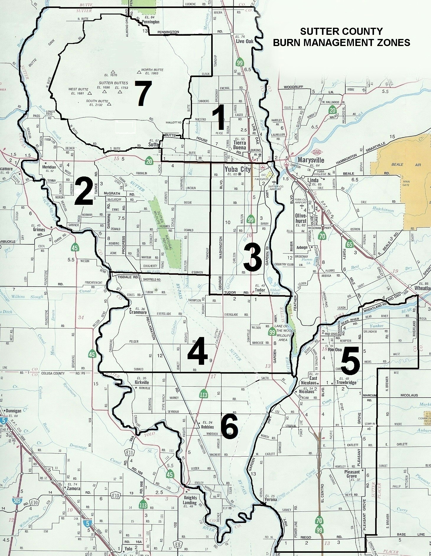 Map of Sutter County burn zones 1 through 7