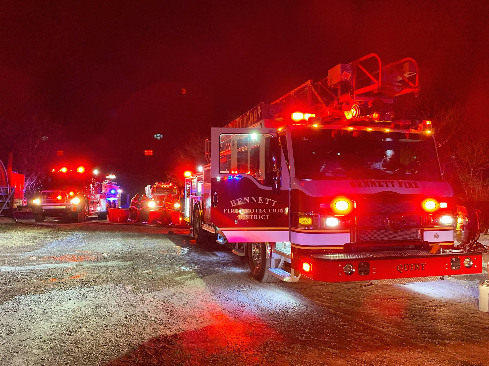 fire engine at night, lights on