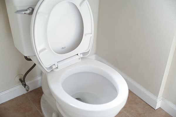 An open white toilet with the seat up in a neutral-colored bathroom.