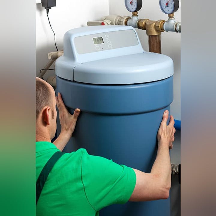 Person installing a water softener system.