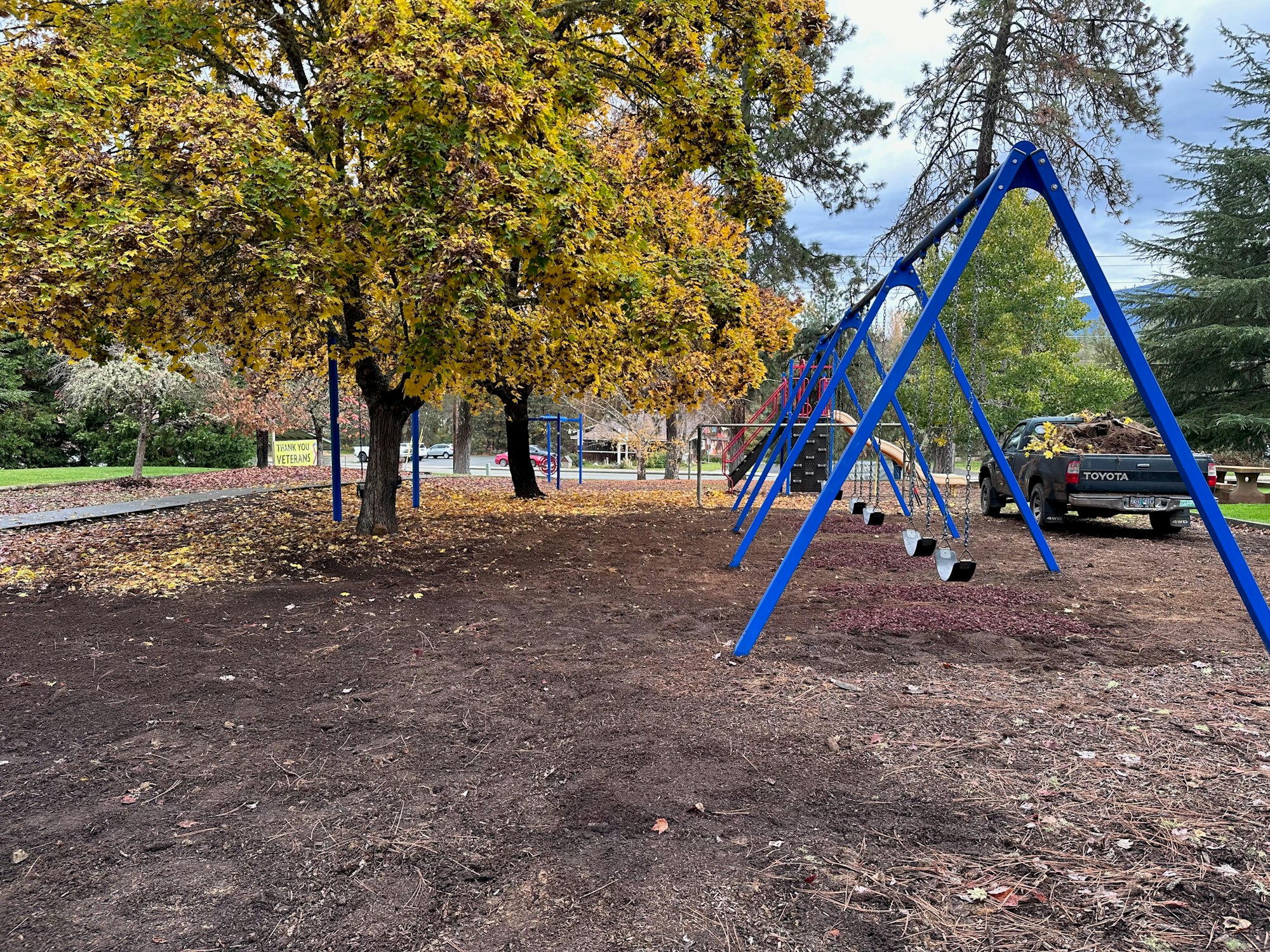 May contain: grass, nature, outdoors, park, plant, play area, outdoor play area, car, transportation, vehicle, pickup truck, and truck