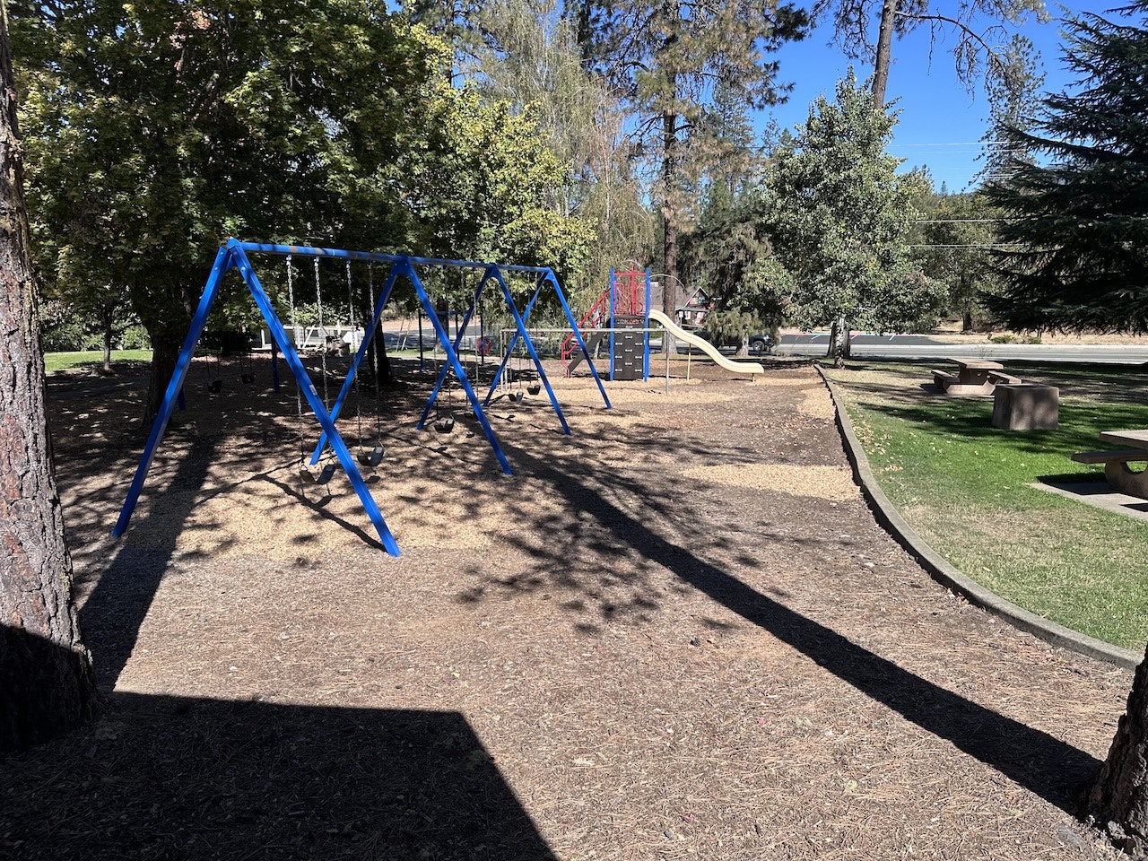 A playground with swings, slide, picnic tables, and trees under a clear sky.
