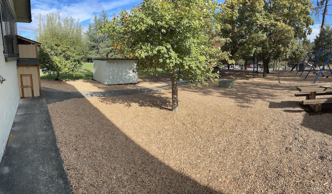 Outdoor area with trees, wood chips, playground equipment, benches, and a shed.