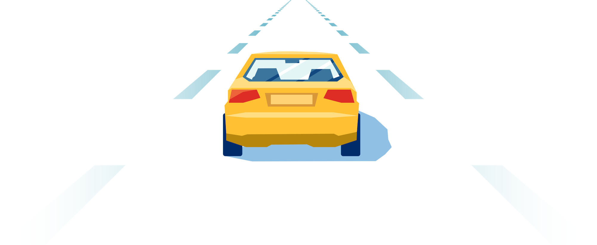 A yellow car driving on a road with dashed lane markings, depicted in a graphic style.